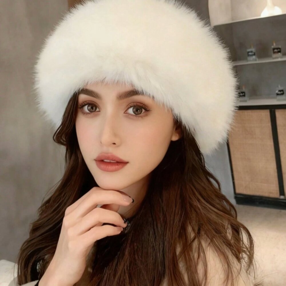 Beige Fluffy Faux Fur Headband, Thick Faux Fox Fur Hat Earmuff
